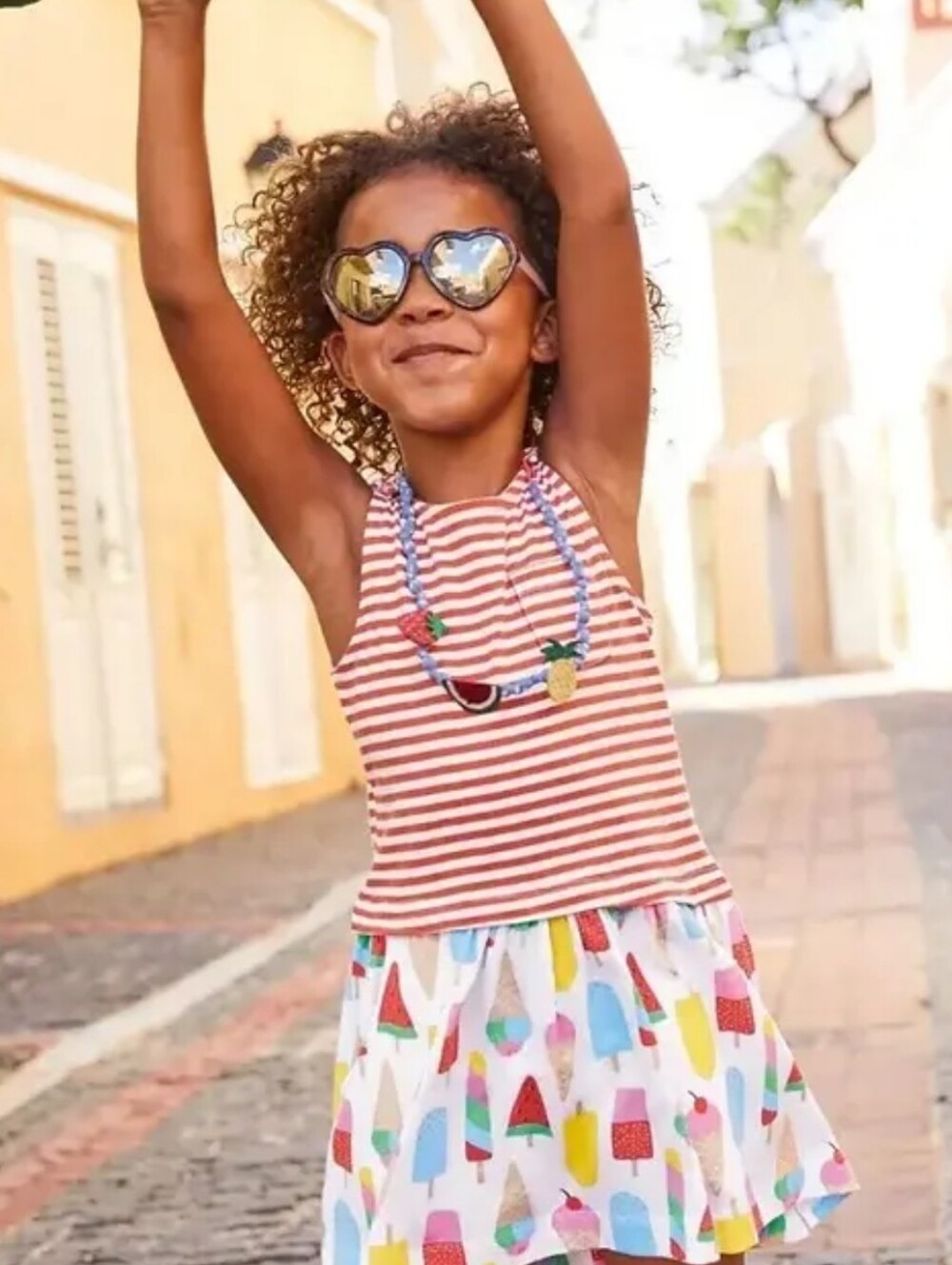 Mini Boden Red-White Striped Halter Dress with Colorful Ice Pop Skirt